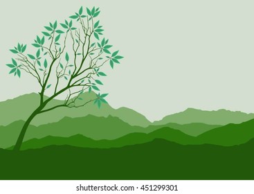 Silhouette of forest and mountain with green background