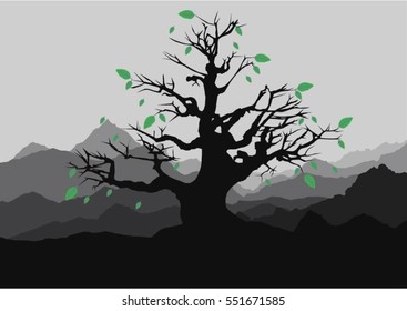 Silhouette of forest and mountain with green background