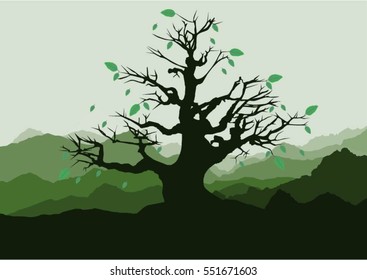 Silhouette of forest and mountain with green background