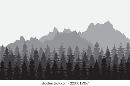 silhouette forest and mountains, nature design vector isolated