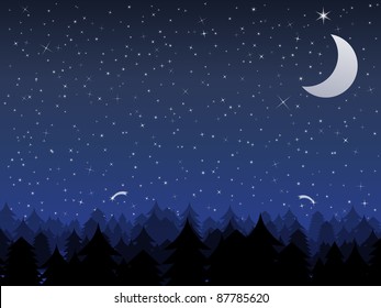 Silhouette of a forest and night sky with stars and moon, vector illustration