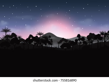 Silhouette forest on beautiful night abstract background.Nature and environment conservation concept flat design.Vector illustration.