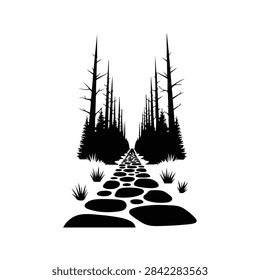 Silhouette of a forest pathway lined with tall, leafless trees and scattered rocks, creating a stark, dramatic landscape scene in monochrome.