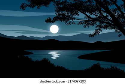 Silhouette of forest and river at night