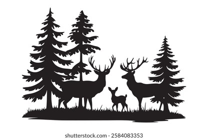 Silhouette Forest Scene with Deer Family and Pine Trees