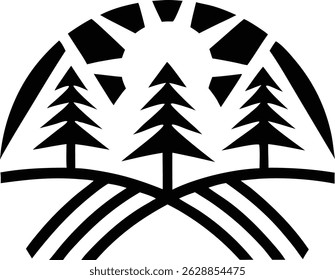 Silhouette forest scene featuring lush foliage and sunlight in a scenic landscape