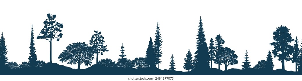 Silhouette of a forest, seamless border, isolated on white background	