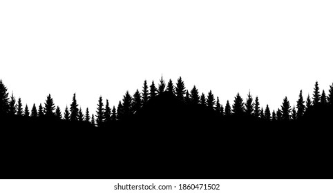 Silhouette of forest. Seamless forest on hills. Beautiful trees are separated from each other. Vector illustration.