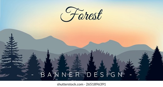 a silhouette of a forest with spruce trees in the foreground, and mountain ranges in the background with a gradient of sky from pink to blue, indicating dawn or sunset.