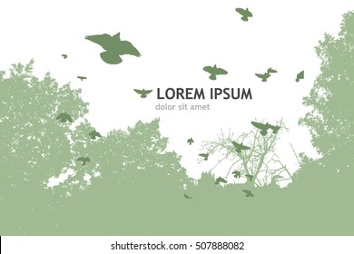 Silhouette of a forest of trees with birds. Vector