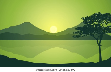 
Silhouette of forest trees by lake and beautiful mountains, sunrise, sunset