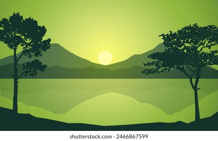 
Silhouette of forest trees by lake and beautiful mountains, sunrise, sunset