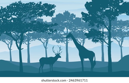 Silhouette with forest view in the background and wild Animals