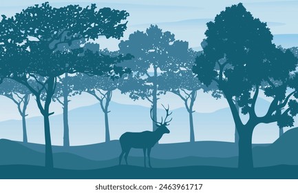 Silueta con vista al bosque en el fondo y animales salvajes