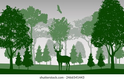 Silhouette with forest view in the background and wild Animals