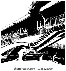 Silhouette. The forestry bridge. Vector isolated illustration. Background. Black and white.