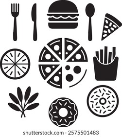 silhouette fork knife, spoon, burger, pizza, fries, salad, and donut. food vector icon