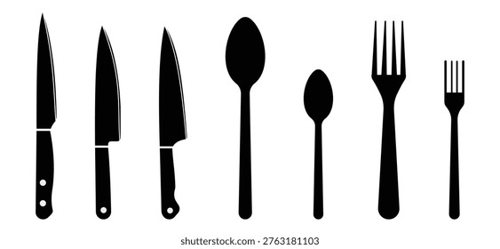 Silhouette of Fork, knife, spoon vector. Fork, knife, spoon icon. Restaurant and cooking icon. Vector illustration.