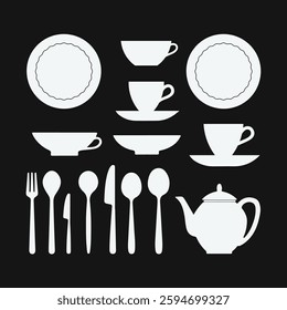 Silhouette fork and spoon icon vector set and restaurant utensil symbol, dinner plate sign outline design