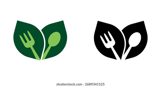 Silueta de tenedor y cuchara en dos hojas. Diseño de Ilustración vectorial de logotipo de concepto de comida saludable. Verde y negro.
