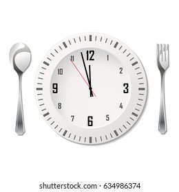 Silhouette of fork, spoon and plate with clock
