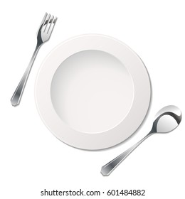 Silhouette of fork, spoon and plate isolated on white background