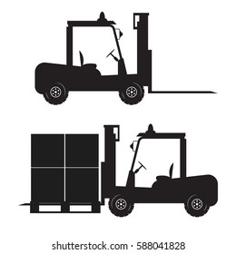 Silhouette of the forklift. Delivery of cargo. Loader icon. Isolated on white background. Vector illustration.