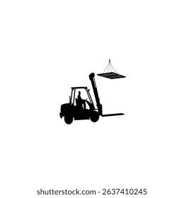 Silhouette of forklift lifting metal plate on white background