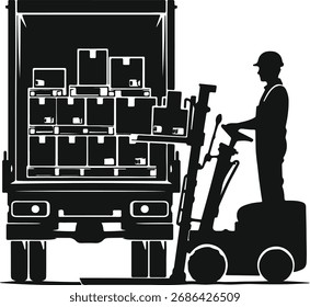 Silhueta de um operador de empilhadeira carregando caixas em um caminhão, representando logística e entrega.
