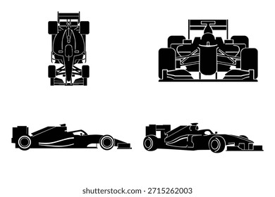 Silhouette of formula one car with top, front, side, and angled view for sport concept