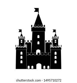 Silhouette of a fort building with waving flags vector design on white background