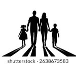 Silhouette of four 4 people belonging to a family, father, mother and two children. silhouettes of people walking