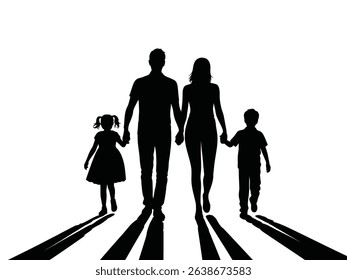 Silhouette of four 4 people belonging to a family, father, mother and two children. silhouettes of people walking