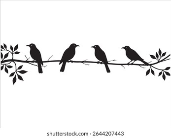 Silhouette of four birds perched on a branch with leaves against a white background