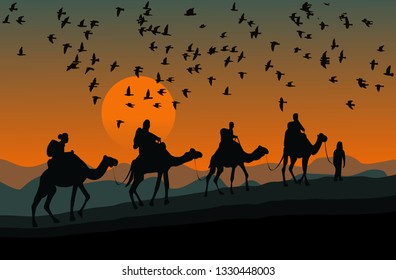 silhouette of four camel riders. Up hill with sunset  and  flock of bird background