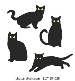 Silhouette of four cats. Set of black witch kitten. Vector illustratoin. 