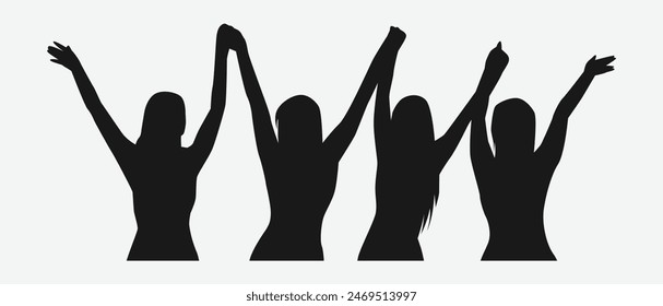  silhouette of four cheerful young girls raising their hands up. concept of friendship, woman, celebration, happy. vector illustration.