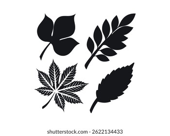 Silhouette of Four Different Autumn Leaves, set of four stylized, black silhouette leaves against a white background. leaf, leaves, nature graphic, illustration, art, floral, leaf logo, floral design.