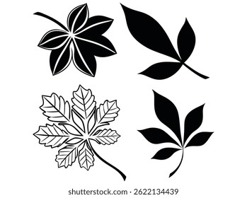 Silhouette of Four Different Autumn Leaves, set of four stylized, black silhouette leaves against a white background. leaf, leaves, nature graphic, illustration, art, floral, leaf logo, floral design.