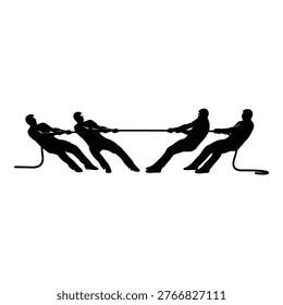 Silhouette of four men playing tug of war isolated on transparent background
