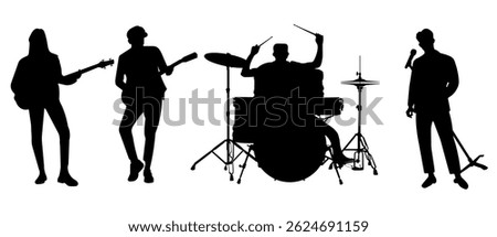Silhouette of four musicians playing instruments and singing, isolated on white background.