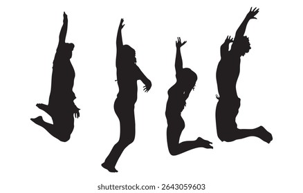 Silhouette of Four People Jumping With Arms Raised Against White Background