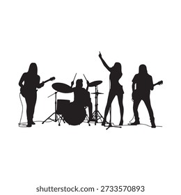 Silhouette of a four piece band performing on a stage dark background