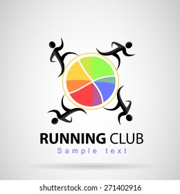 Silhouette of four runners running around a circumference of colors with a yellow line.