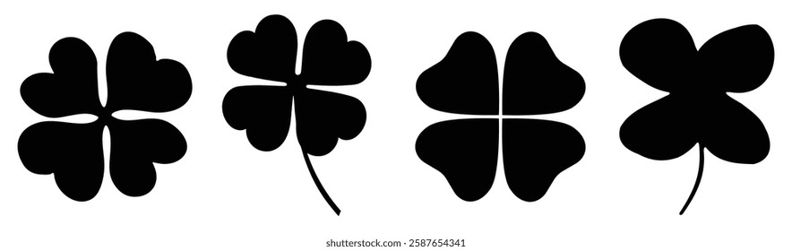 Silhouette of four-leaf clovers, black clover shapes, lucky clovers in a row, clover symbols, black clover designs, four-leaf clovers. Nature illustrations, vector set.