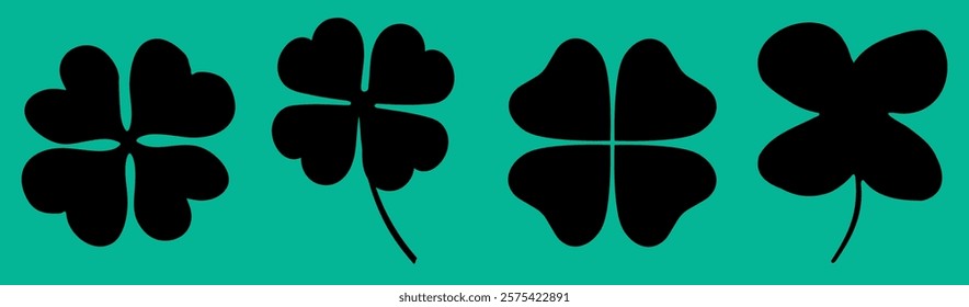 Silhouette of four-leaf clovers on a green background. Black clovers symbolize luck. Four-leaf clovers are a sign of good fortune. Nature illustrations, vector set.