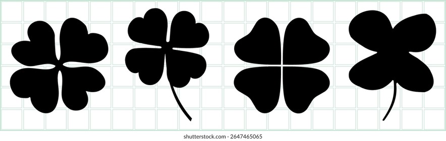 Silhouette of four-leaf clovers on a grid background. Black clovers, simple clover shapes, and clover silhouettes create a striking contrast. Nature illustrations, vector set.