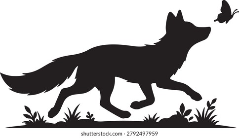 Silhouette of a fox chasing a butterfly