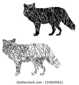 Silhouette of the fox. Double exposure. Tree. Hand drawn. Vector illustration. 