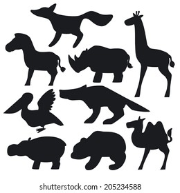 Silhouette: fox, giraffe, horse, hippopotamus, wolf, bear, pelican, camel, rhino.